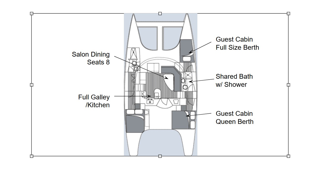 Now and Zen catamaran cabin layout diagram showing guest cabins, galley, salon and shared bath